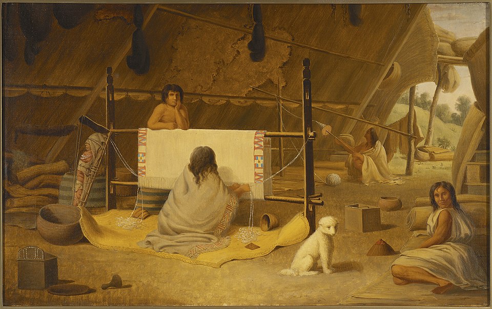 Paul Kane painting of a Coast Salish woman weaving, with a Salish Wool Dog