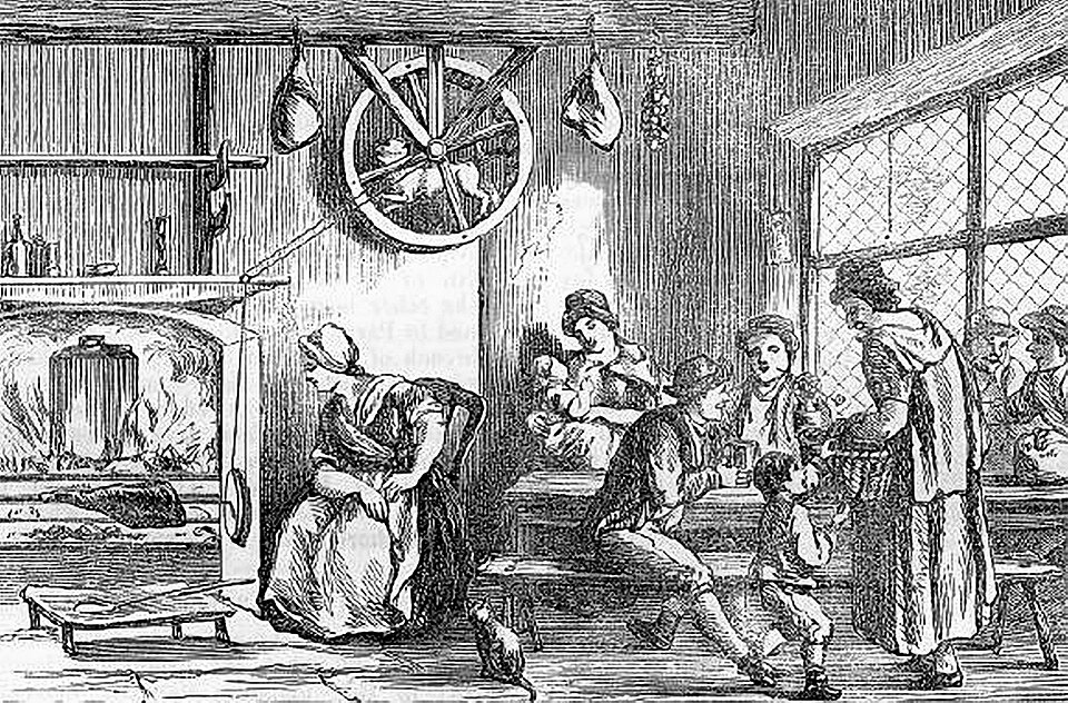 Historical depiction of a Turnspit Dog working a wheel